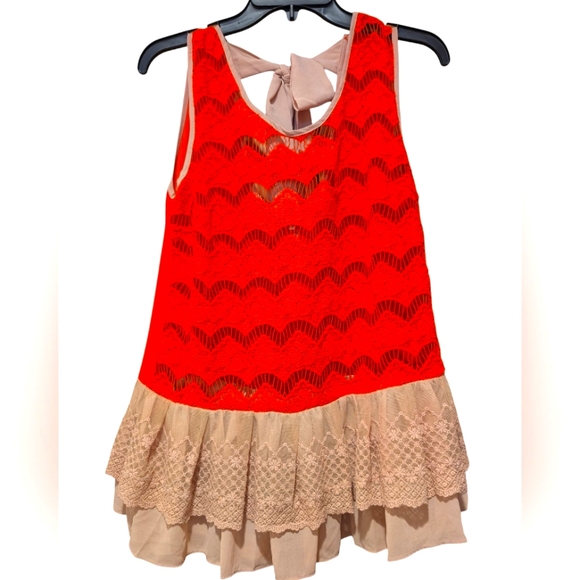 Ryu Orange And Tan lace Embroidered Back Bow Tie Top. 100%cotton Sz s - Picture 1 of 9